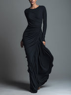 Black formal long sleeve maxi dress with twisted side ruching