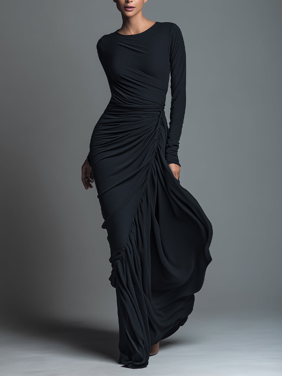 Black formal long sleeve maxi dress with twisted side ruching