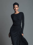 Black formal long sleeve maxi dress with twisted side ruching - view 2