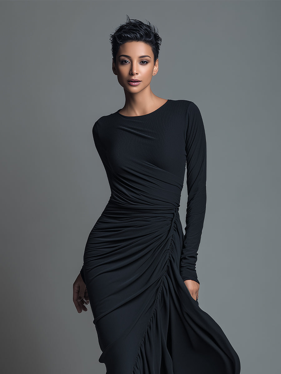 Black formal long sleeve maxi dress with twisted side ruching - view 2