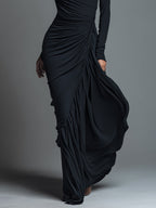Black formal long sleeve maxi dress with twisted side ruching - view 3