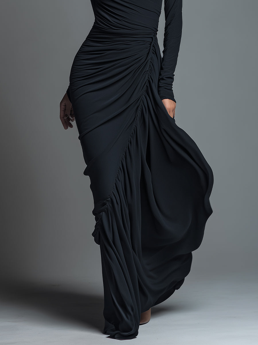 Black formal long sleeve maxi dress with twisted side ruching - view 3