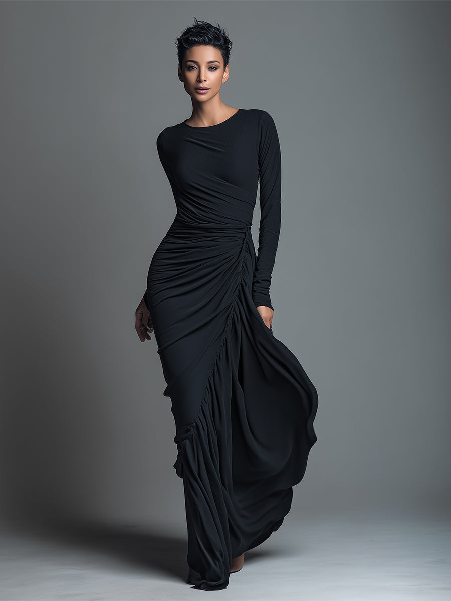 Black formal long sleeve maxi dress with twisted side ruching - view 4
