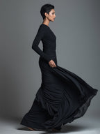 Black formal long sleeve maxi dress with twisted side ruching - view 5