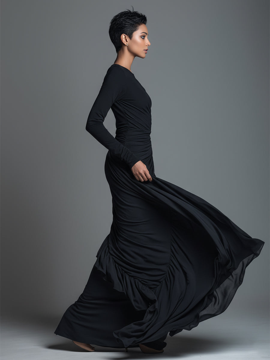 Black formal long sleeve maxi dress with twisted side ruching - view 5