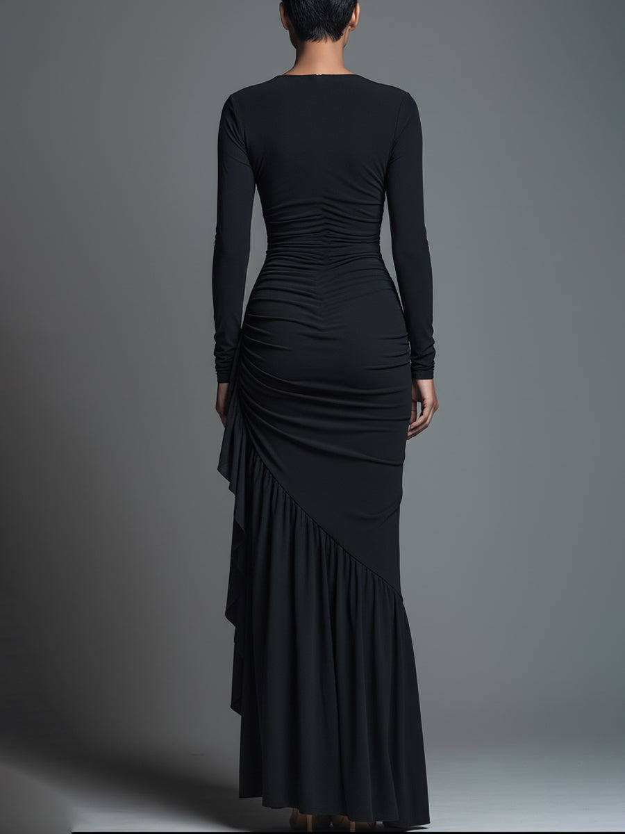 Black formal long sleeve maxi dress with twisted side ruching - view 6
