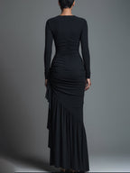 Black formal long sleeve maxi dress with twisted side ruching - view 6