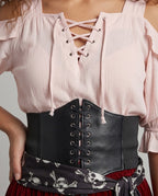 Women's pirate costume with blush lace-up cold-shoulder blouse, black corset belt, skull print sash and wine velvet maxi skirt - view 2