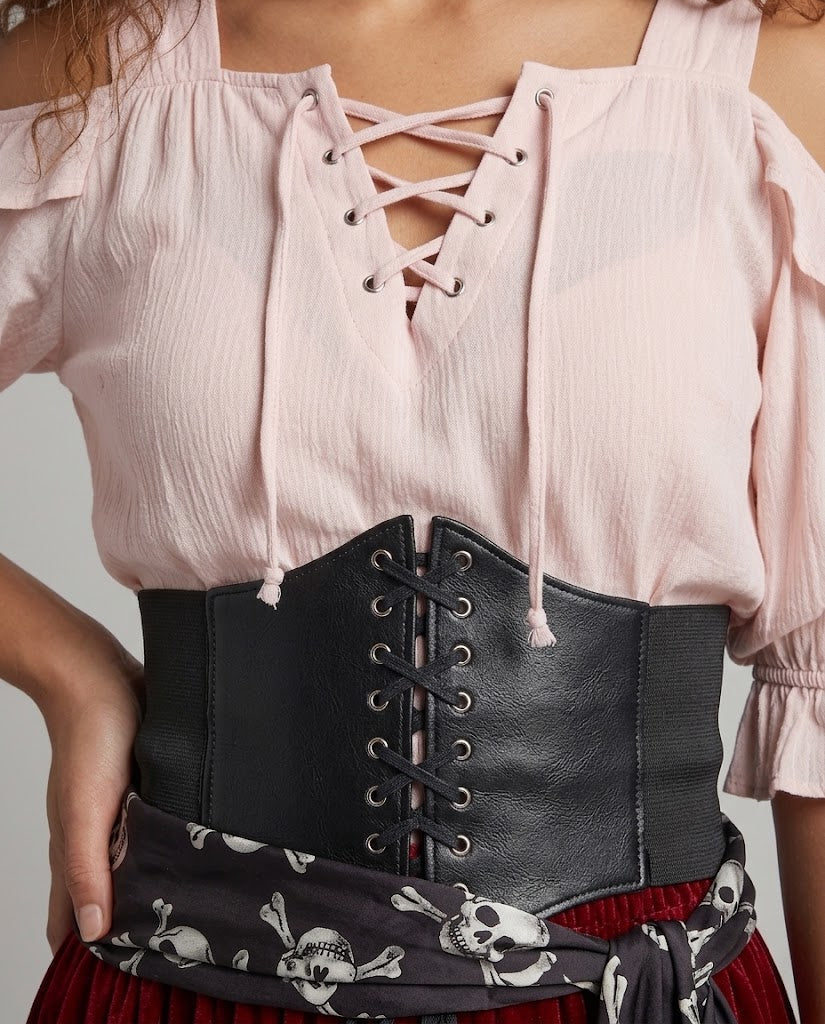 Women's pirate costume with blush lace-up cold-shoulder blouse, black corset belt, skull print sash and wine velvet maxi skirt - view 2
