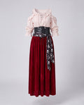 Women's pirate costume with blush lace-up cold-shoulder blouse, black corset belt, skull print sash and wine velvet maxi skirt - view 4
