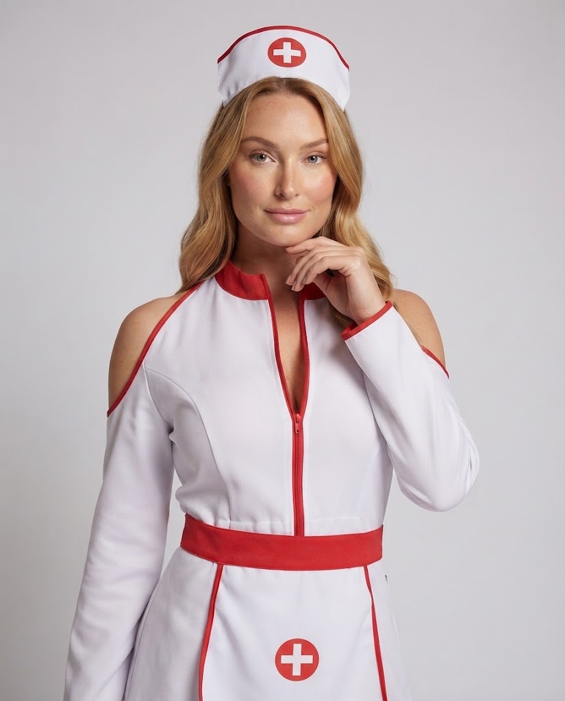 Woman wearing white nurse Halloween costume mini dress with red trim, cold-shoulder sleeves and matching hat - view 2