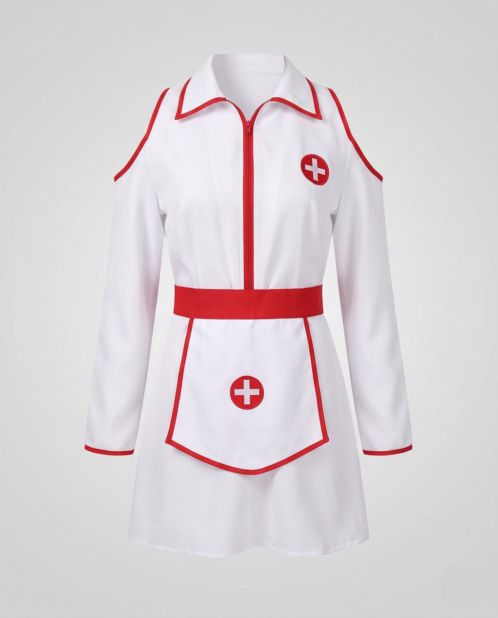 Woman wearing white nurse Halloween costume mini dress with red trim, cold-shoulder sleeves and matching hat - view 5