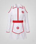Woman wearing white nurse Halloween costume mini dress with red trim, cold-shoulder sleeves and matching hat - view 5