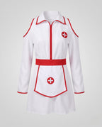 Woman wearing white nurse Halloween costume mini dress with red trim, cold-shoulder sleeves and matching hat - view 5