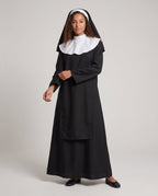 Women's nun Halloween costume with black robe, white scalloped collar and veil