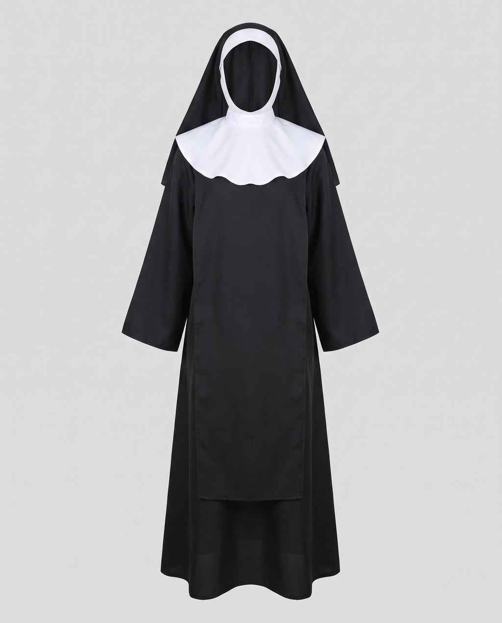Women's nun Halloween costume with black robe, white scalloped collar and veil - view 4