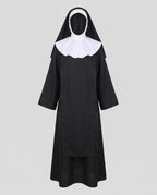Women's nun Halloween costume with black robe, white scalloped collar and veil - view 4