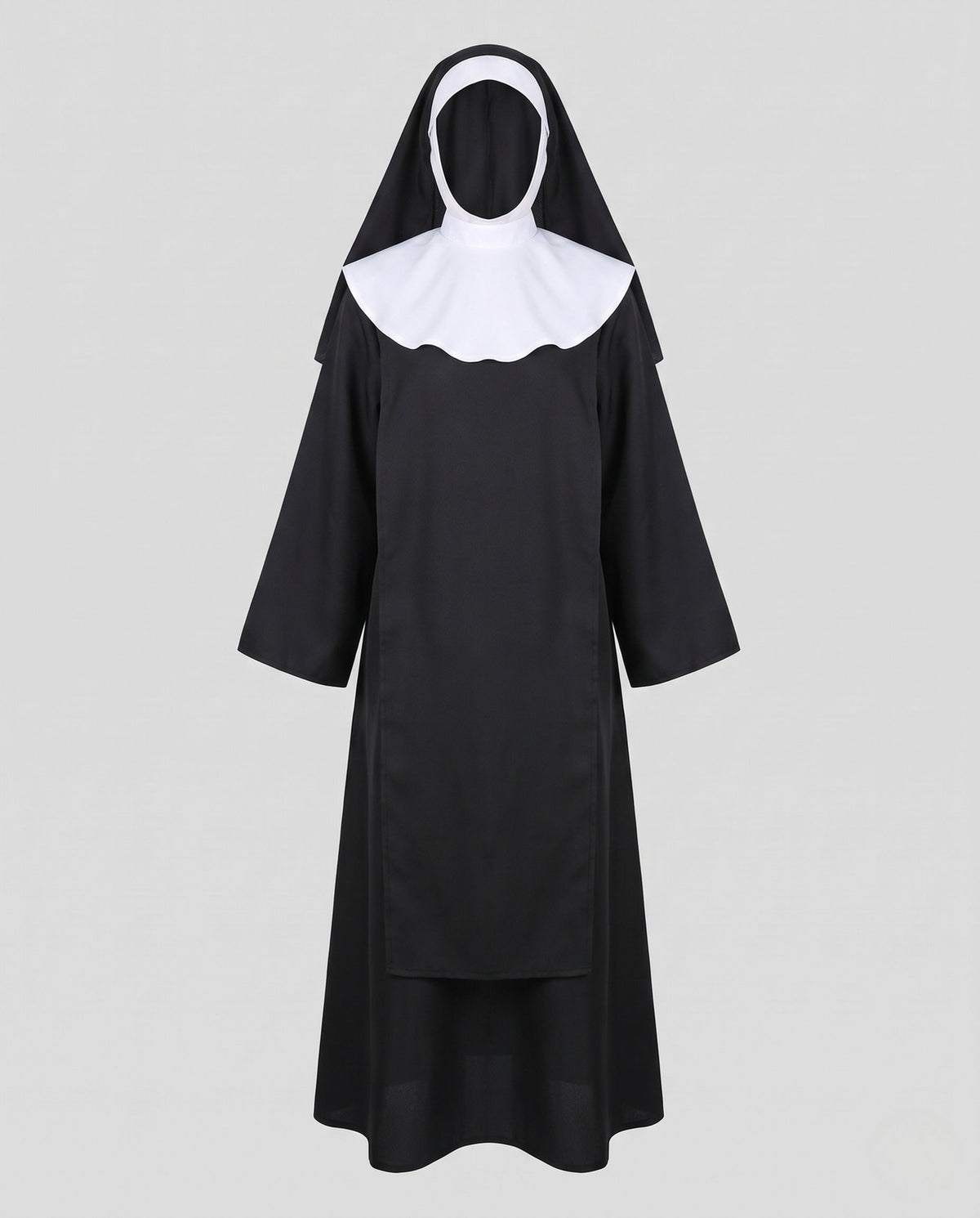 Women's nun Halloween costume with black robe, white scalloped collar and veil - view 4