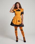 Women's orange and black Halloween costume dress with ruffled pumpkin apron and Peter Pan collar