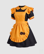 Women's orange and black Halloween costume dress with ruffled pumpkin apron and Peter Pan collar - view 4