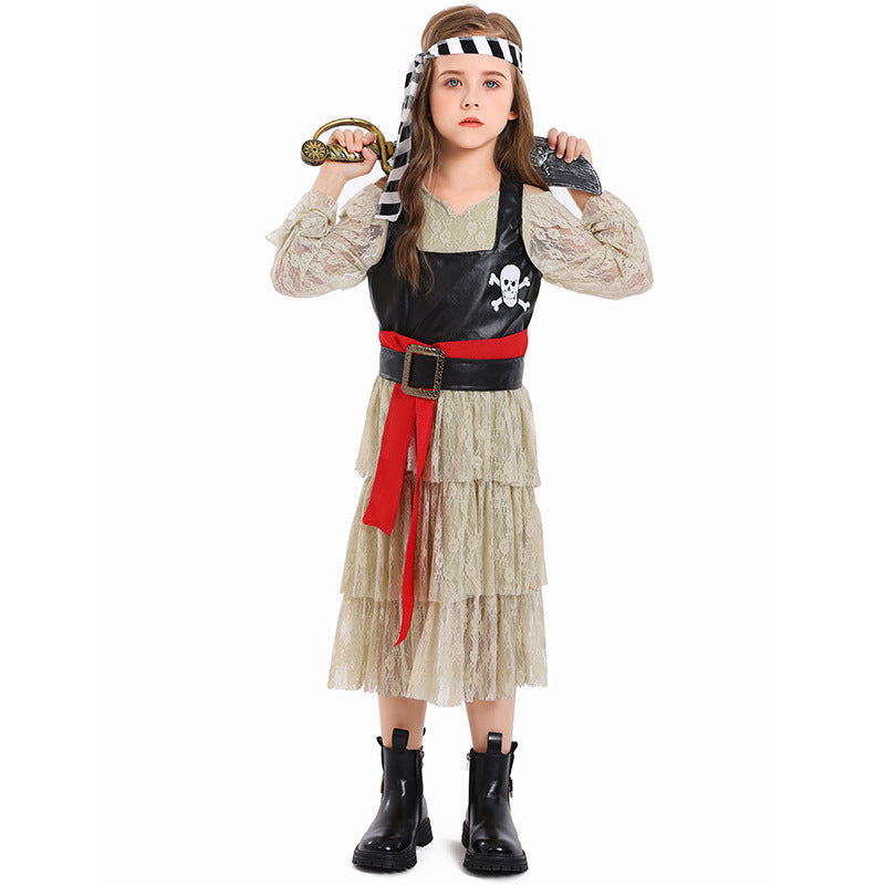 Girls pirate costume with tiered lace dress, skull-print bodice, red sash and pirate hat