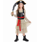 Girls pirate costume with tiered lace dress, skull-print bodice, red sash and pirate hat - view 2