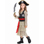 Girls pirate costume with tiered lace dress, skull-print bodice, red sash and pirate hat - view 3