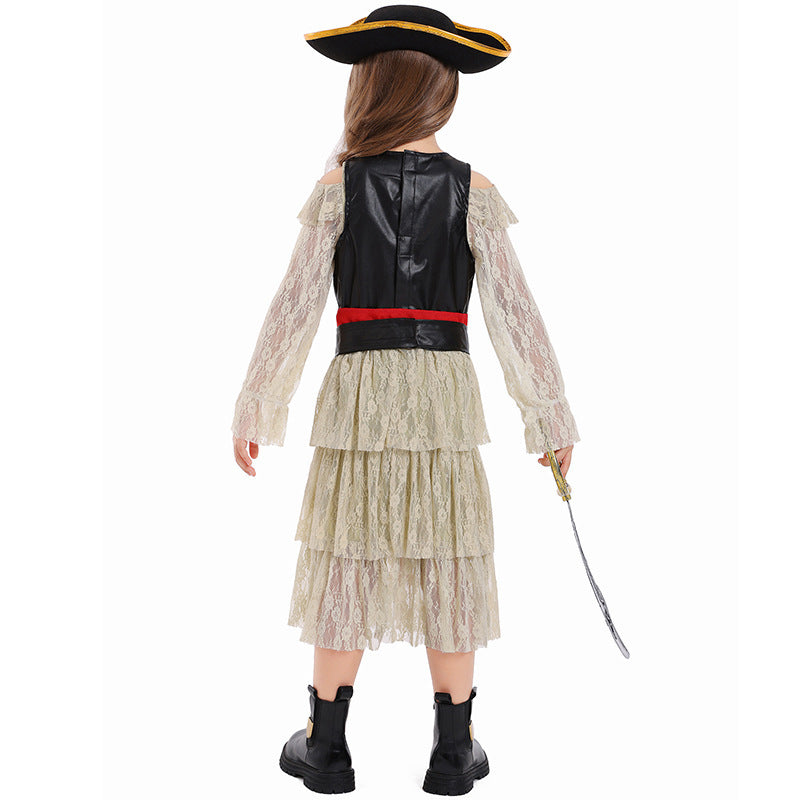 Girls pirate costume with tiered lace dress, skull-print bodice, red sash and pirate hat - view 4