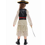 Girls pirate costume with tiered lace dress, skull-print bodice, red sash and pirate hat - view 4