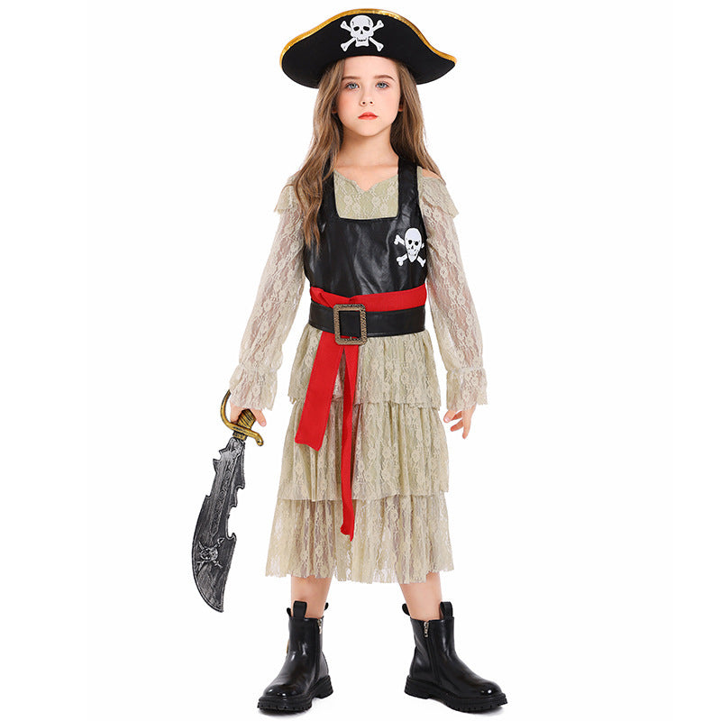 Girls pirate costume with tiered lace dress, skull-print bodice, red sash and pirate hat - view 5
