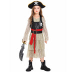Girls pirate costume with tiered lace dress, skull-print bodice, red sash and pirate hat - view 5