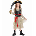 Girls pirate costume with tiered lace dress, skull-print bodice, red sash and pirate hat - view 6