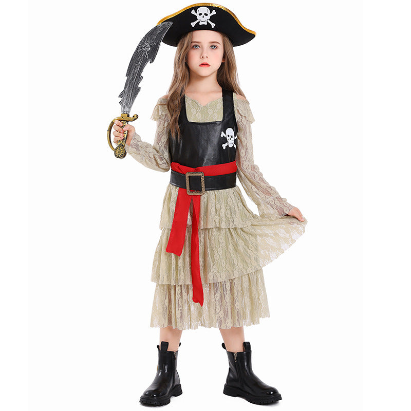 Girls pirate costume with tiered lace dress, skull-print bodice, red sash and pirate hat - view 6