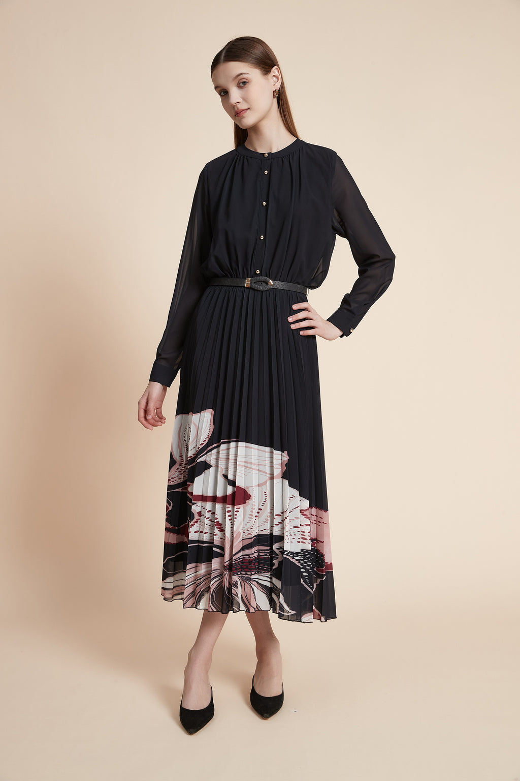Black long sleeve midi dress with sheer sleeves, gold buttons and pleated skirt with pink and ivory floral hem print - view 4