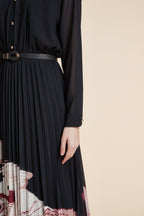 Black long sleeve midi dress with sheer sleeves, gold buttons and pleated skirt with pink and ivory floral hem print - view 5