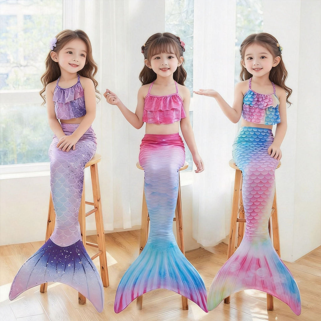 Girls mermaid costume with ruffled halter crop top and ombré scale-print tail skirt with fin