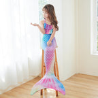 Girls mermaid costume with ruffled halter crop top and ombré scale-print tail skirt with fin - view 2