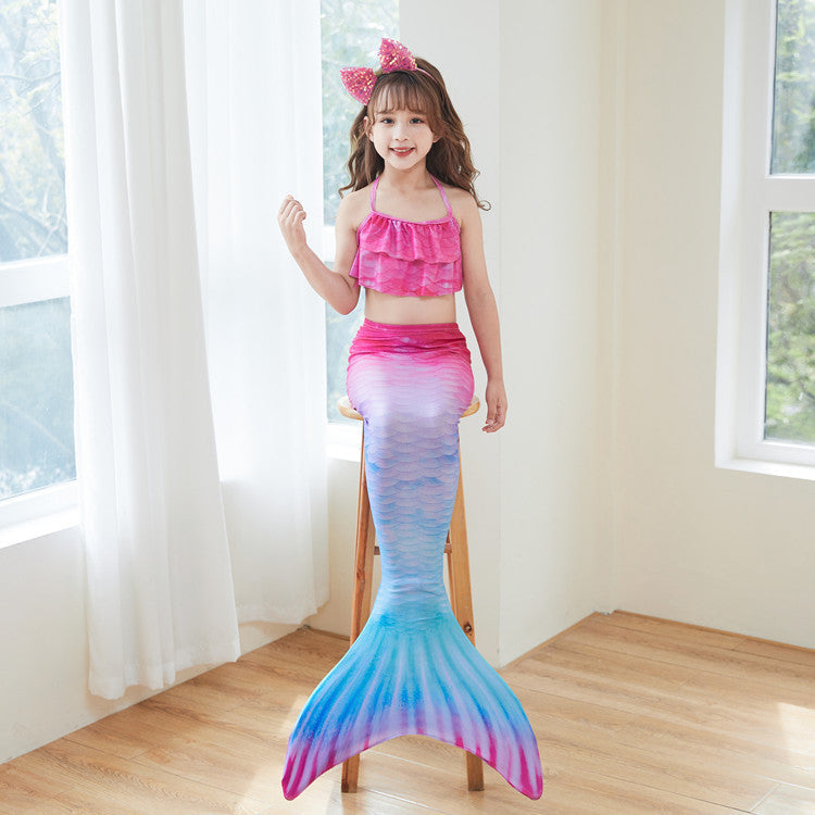 Girls mermaid costume with ruffled halter crop top and ombré scale-print tail skirt with fin - view 3