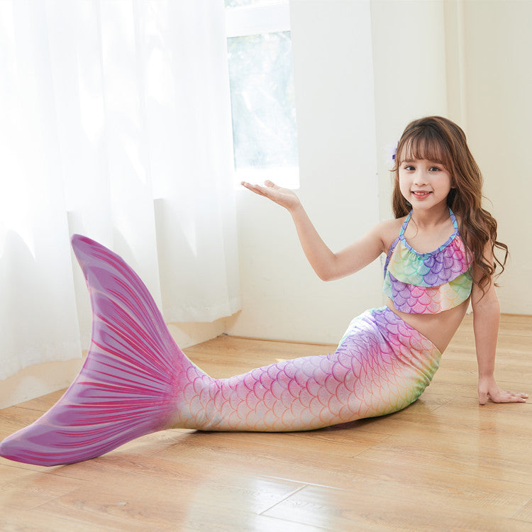Girls mermaid costume with ruffled halter crop top and ombré scale-print tail skirt with fin - view 4