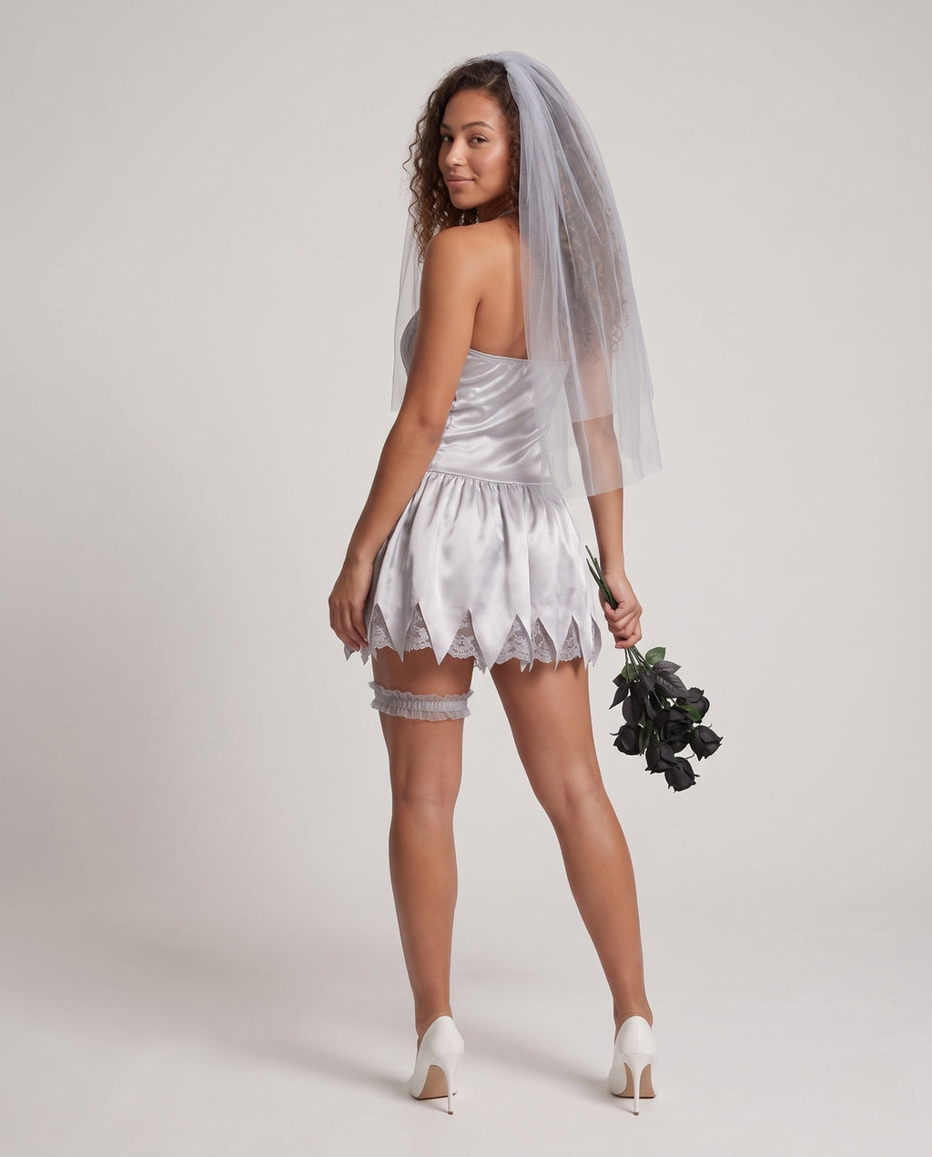 Gray satin halter mini dress ghost bride Halloween costume with pointed lace-trim hem - view 3