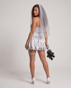 Gray satin halter mini dress ghost bride Halloween costume with pointed lace-trim hem - view 3