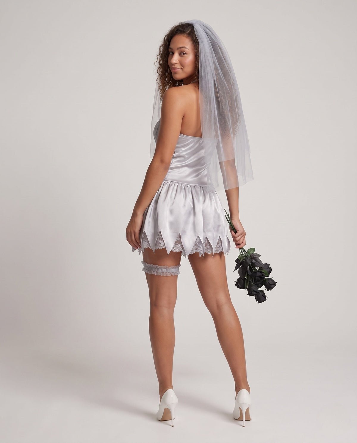 Gray satin halter mini dress ghost bride Halloween costume with pointed lace-trim hem - view 3