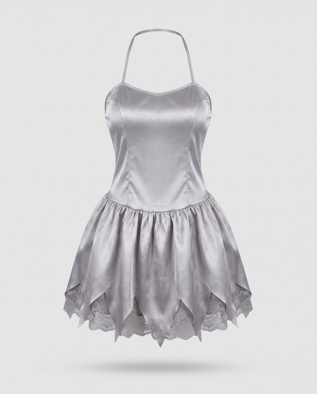 Gray satin halter mini dress ghost bride Halloween costume with pointed lace-trim hem - view 4