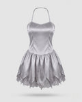 Gray satin halter mini dress ghost bride Halloween costume with pointed lace-trim hem - view 4