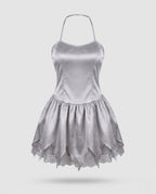 Gray satin halter mini dress ghost bride Halloween costume with pointed lace-trim hem - view 4