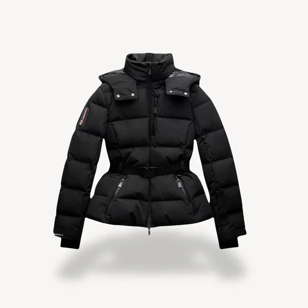Marit belted black puffer jacket for women with hood and peplum hem, winter puffer jacket
