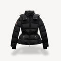 Marit belted black puffer jacket for women with hood and peplum hem, winter puffer jacket