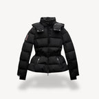 Marit belted black puffer jacket for women with hood and peplum hem, winter puffer jacket