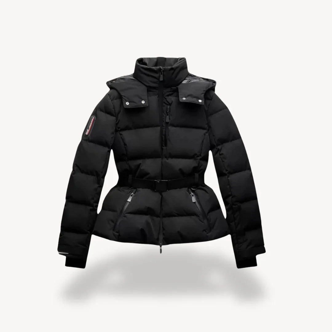 Marit belted black puffer jacket for women with hood and peplum hem, winter puffer jacket
