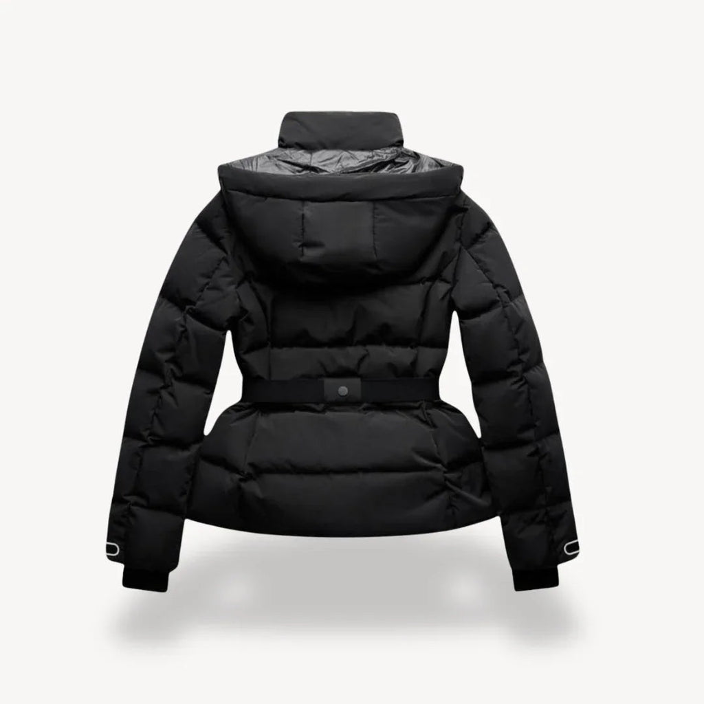 Marit belted black puffer jacket for women with hood and peplum hem, winter puffer jacket - view 2
